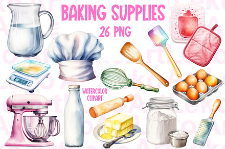 Baking Supplies Watercolor Clipart