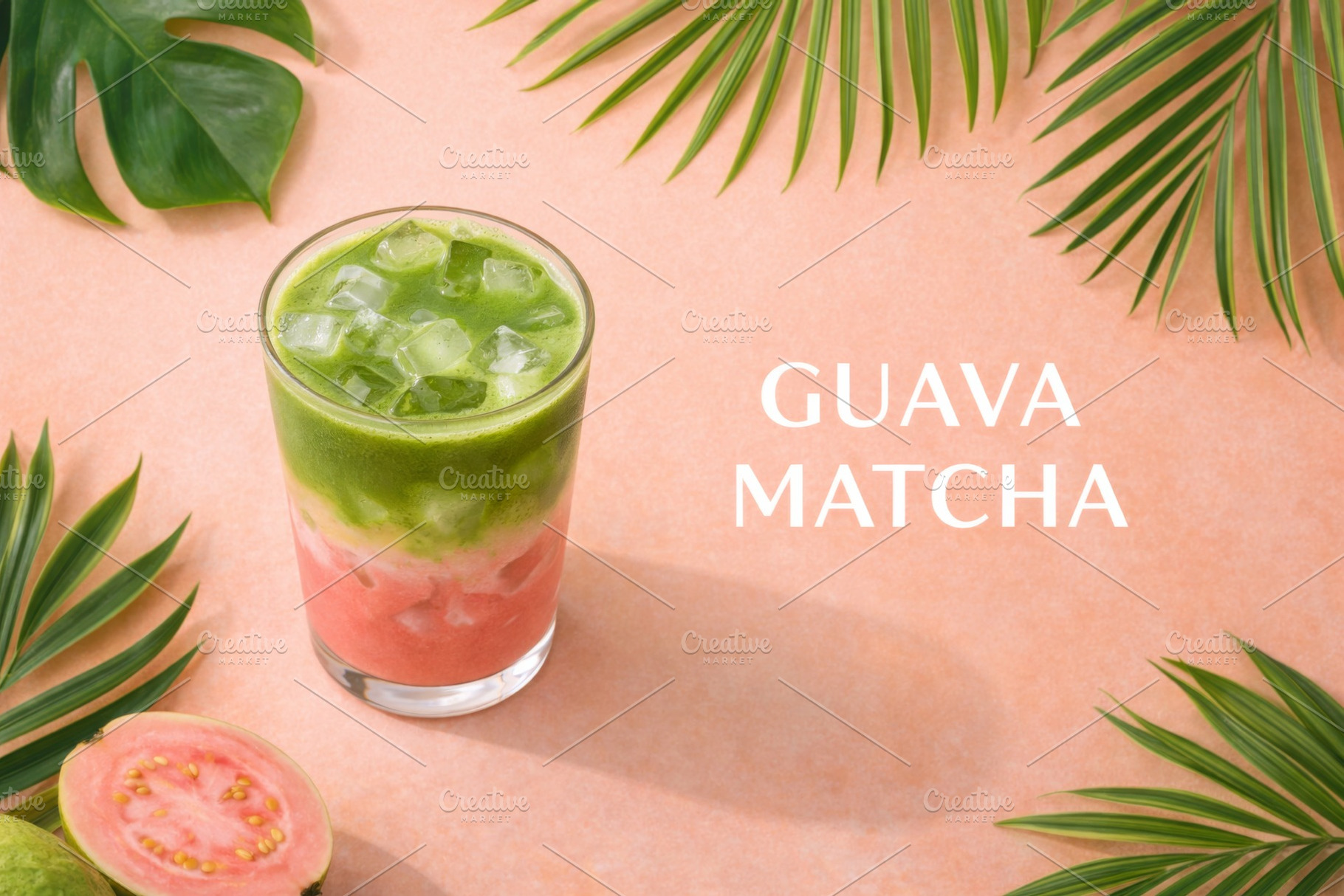 Guava matcha drink with ice on peach, a Photo by Dvoevnore photos