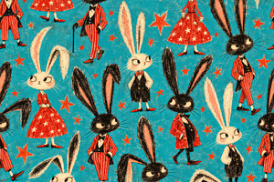Whimsical pattern of black and white rabbits in bright red vinta