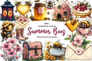 Pink Summer Bees Garden Clipart, an Illustration by CreationArt