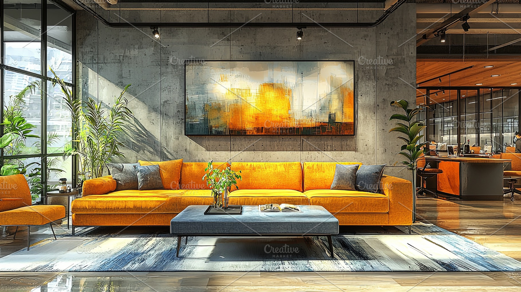 Modern coworking space with colorful interior and contemporary furniture, a Photo by AS photostudio