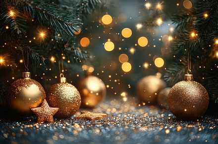 Golden ornaments and sparkling light, a Photo by Tanuart