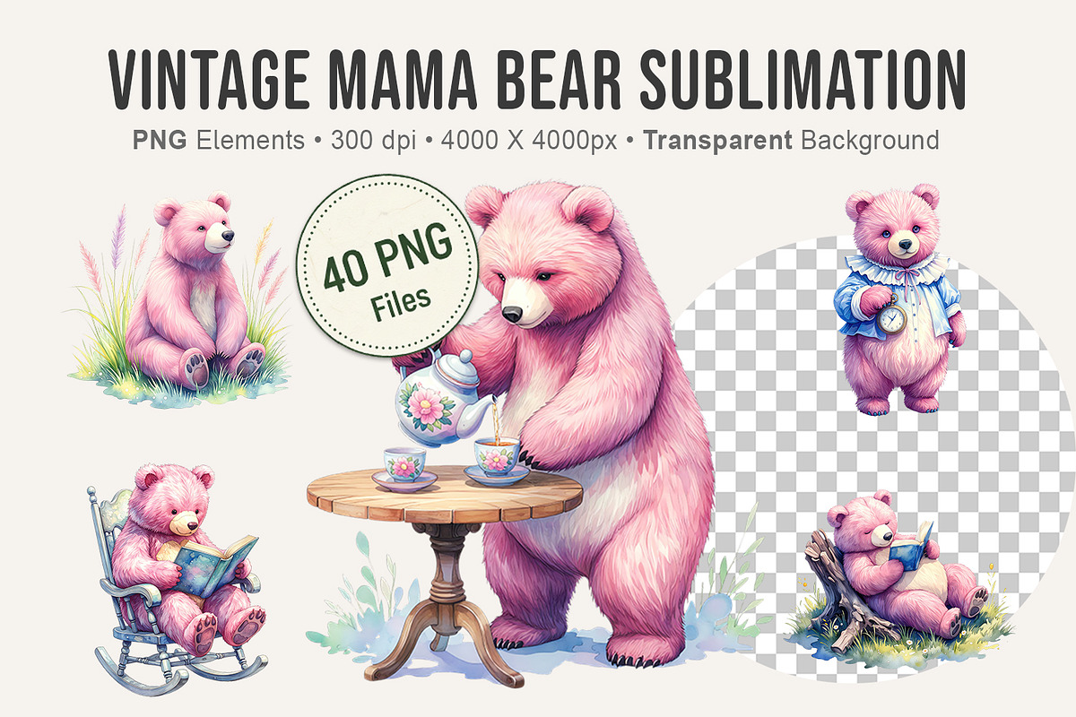 Vintage Mama Bear Sublimation PNG, an Illustration by Artnoy (Photo 1 of 8)