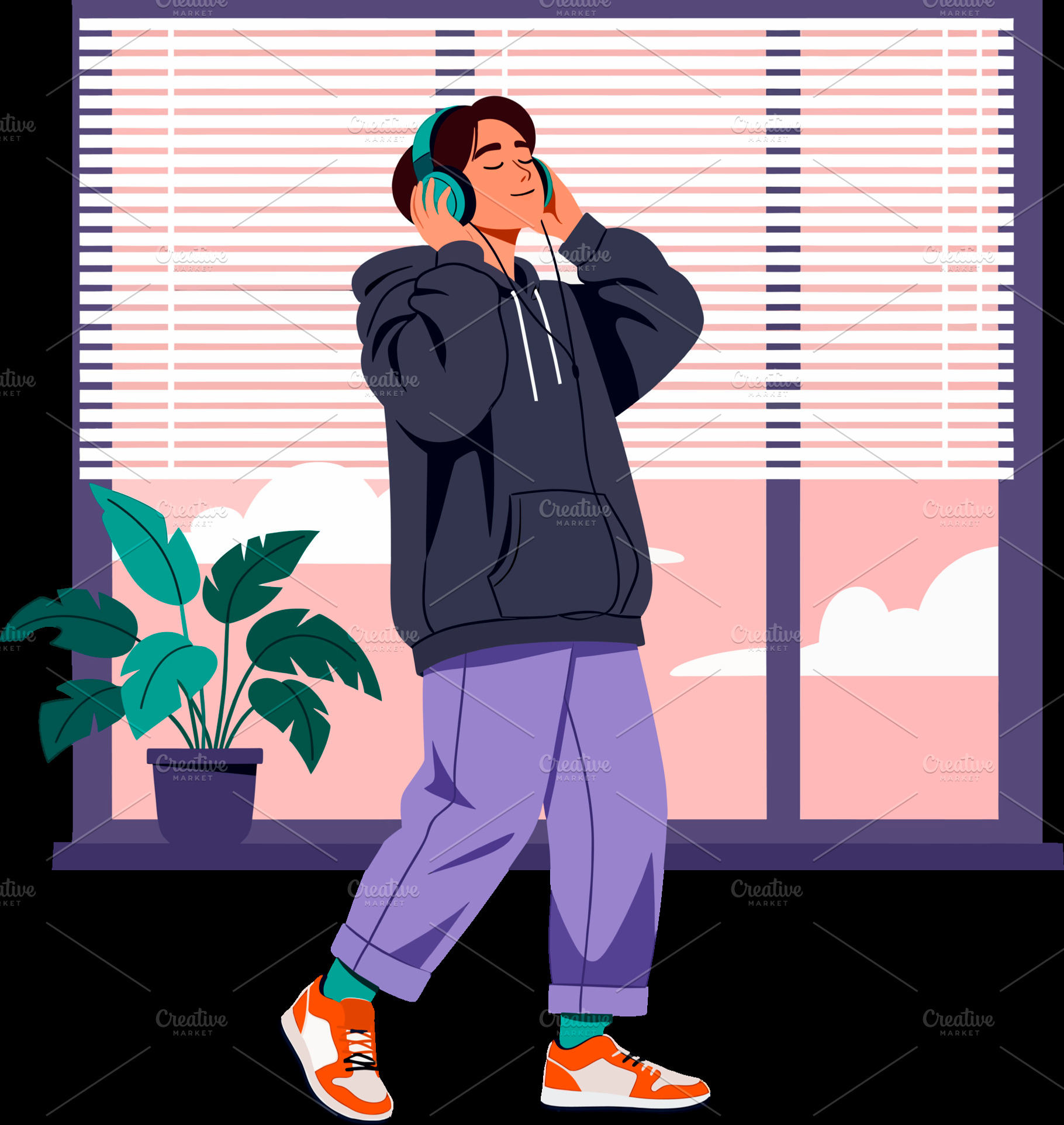 Young Listening to Music with Headph, a Photo by angellodeco