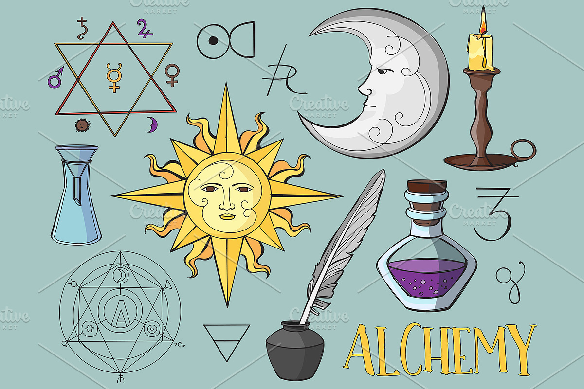 Set of trendy vector Alchemy symbols, an Illustration by Netkoff