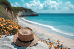 Relaxing on a sunny beach with a straw hat and vibrant flowers along the shore, an Abstract Photo by AlyaAnd