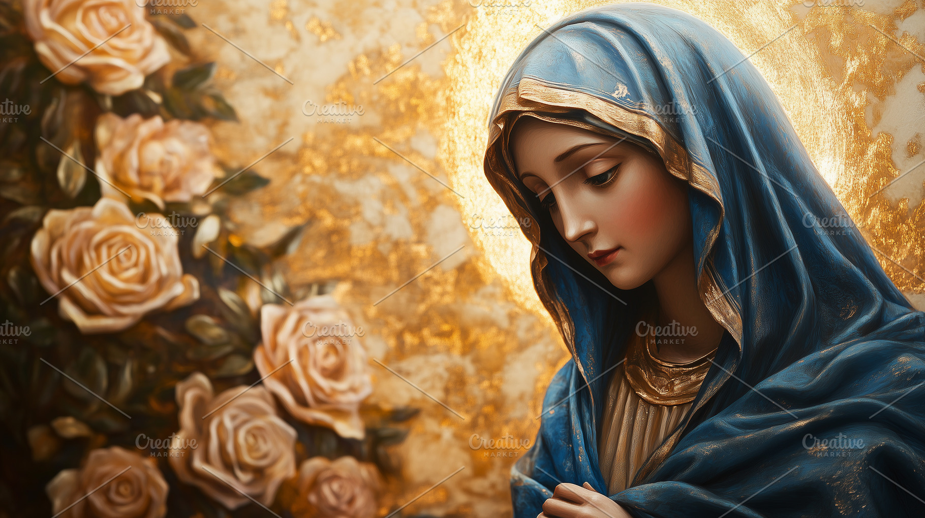 Statue of Virgin Mary surrounded by, a Holiday Photo by MistyDay