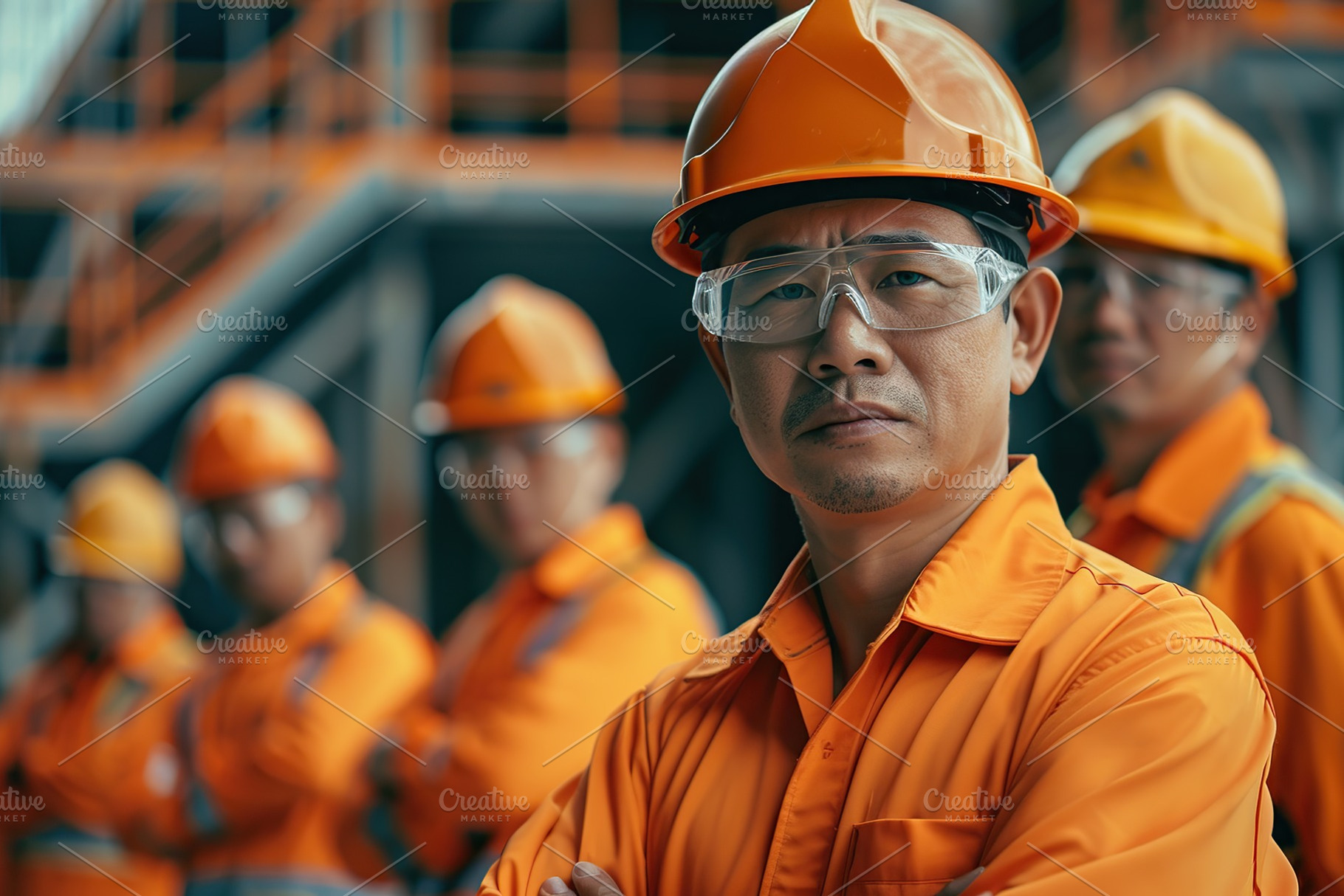 Portrait of workers in helmet and safety vest standing on blurred building back, a Photo by AlyaAnd