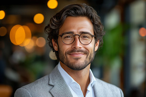 A confident Hispanic man with curly hair and glasses smiles warmly, embodying a, a Person Photo by ImageMir