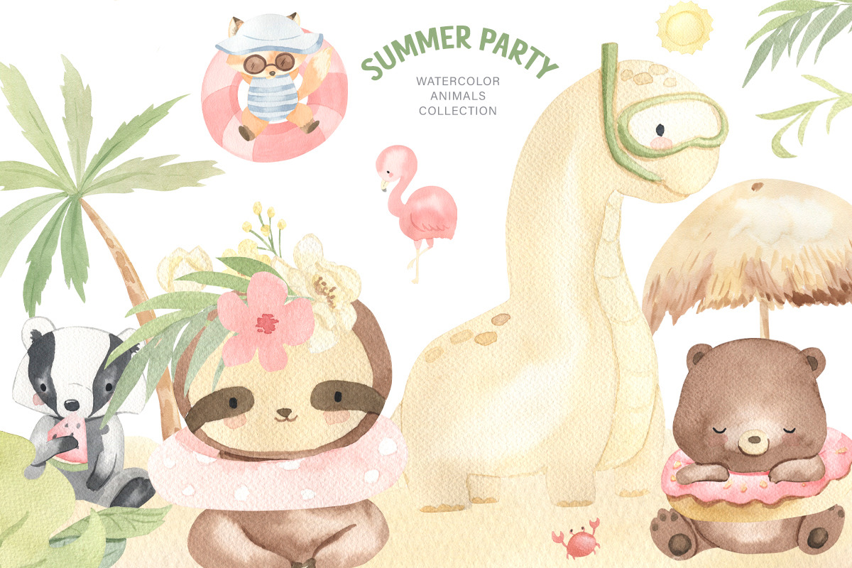 SUMMER PARTY. Watercolor animal set, an Animal Illustration by OlliArtDesign (Photo 8 of 10)