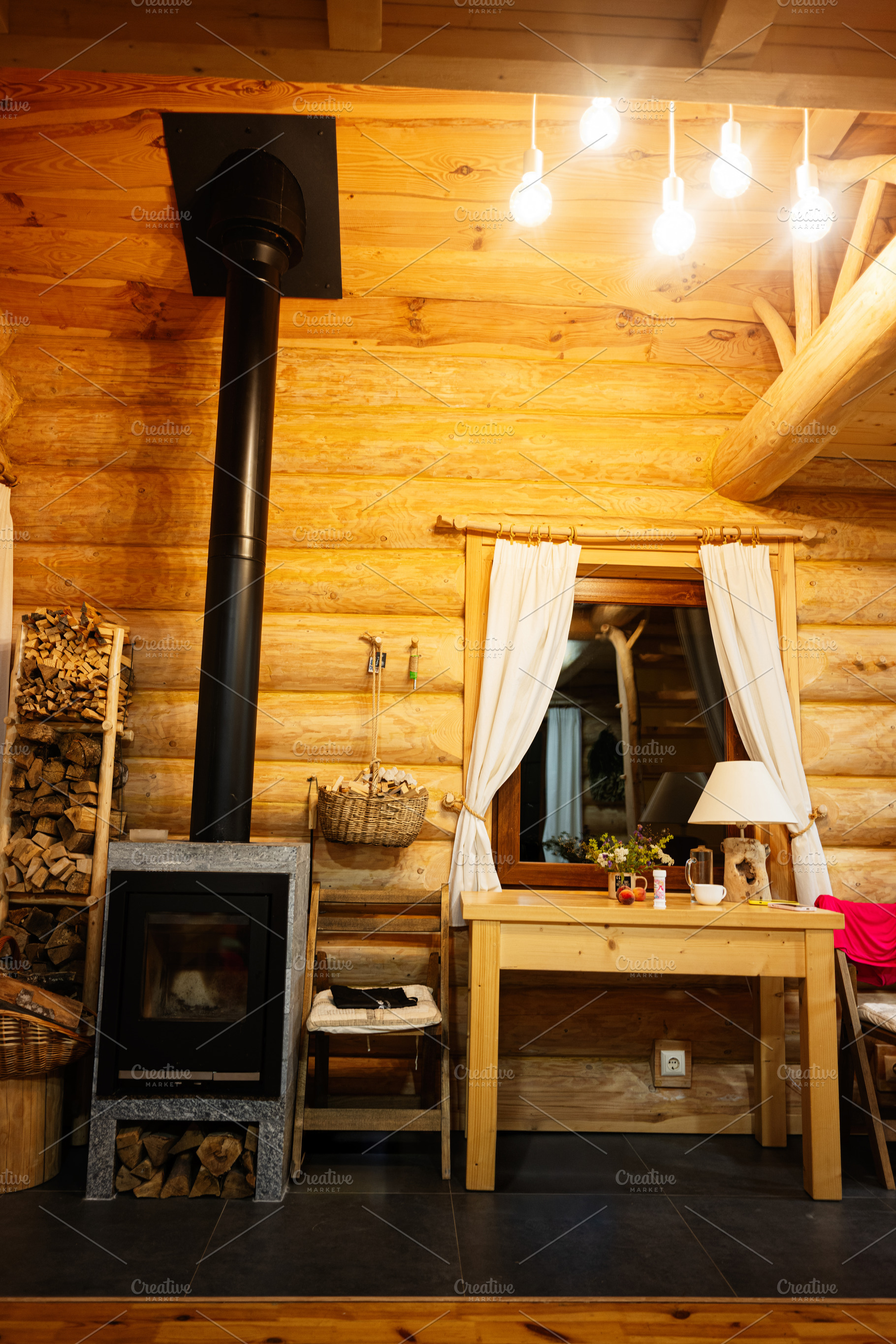 Cozy log cabin with a wood-burning stove and rustic wooden furniture, a Photo by AS photostudio