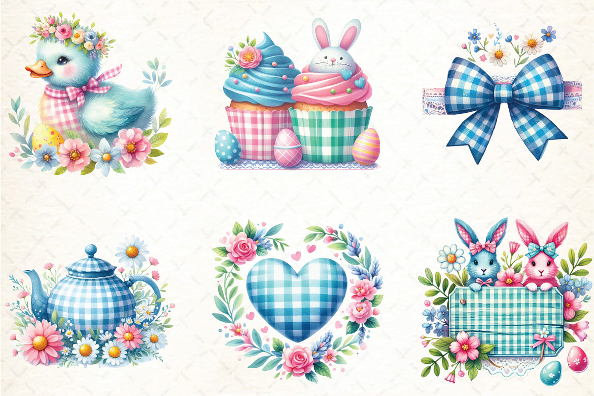 Blue & Pink Gingham Spring Clipart, an Illustration by DreamCafeArt (Photo 3 of 6)