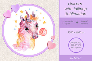 Watercolor Cute Lollipop Unicorn