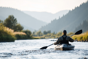 Man kayaking on a river surrounded, a Sports & Recreation Photo by MistyDay