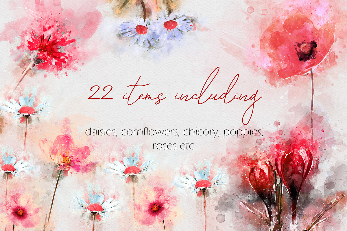 Red Watercolor Flower Set, an Illustration by PaperAndCrayons (Photo 2 of 5)