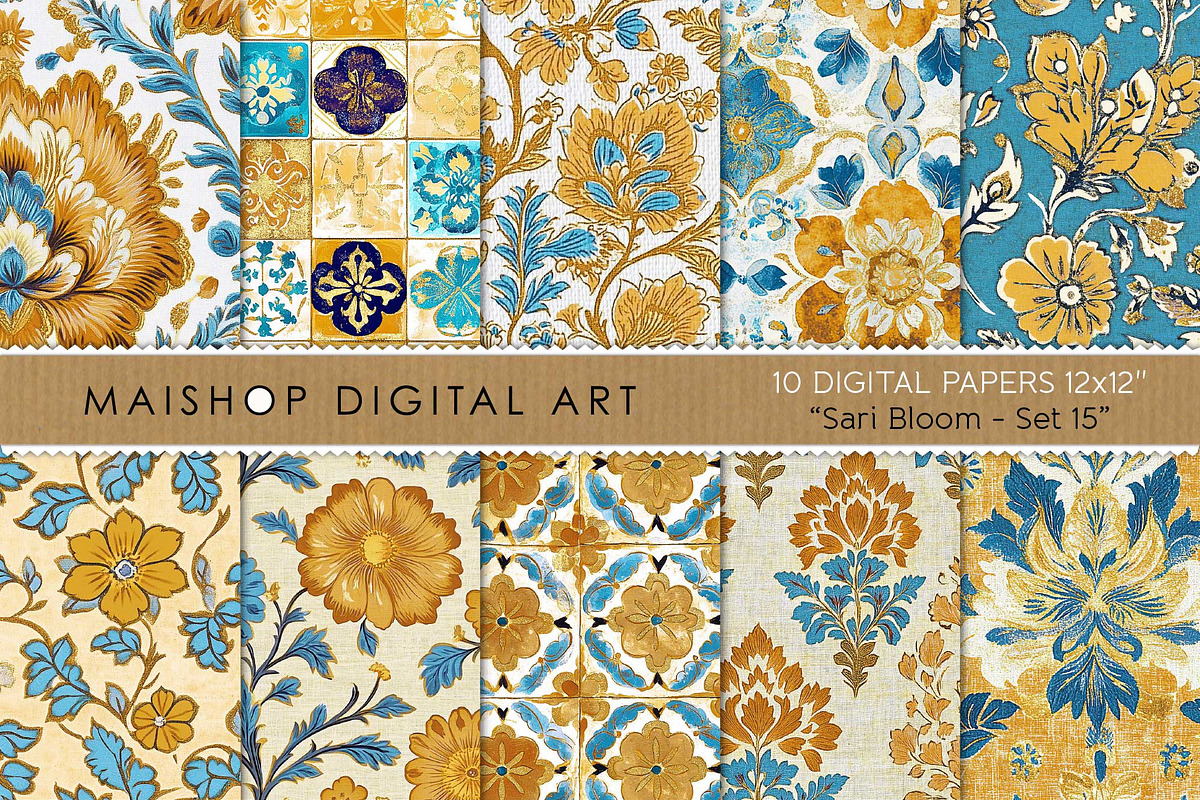 Mustard & Blue Floral Patterns, a Pattern Graphic by Maishop (Photo 1 of 4)
