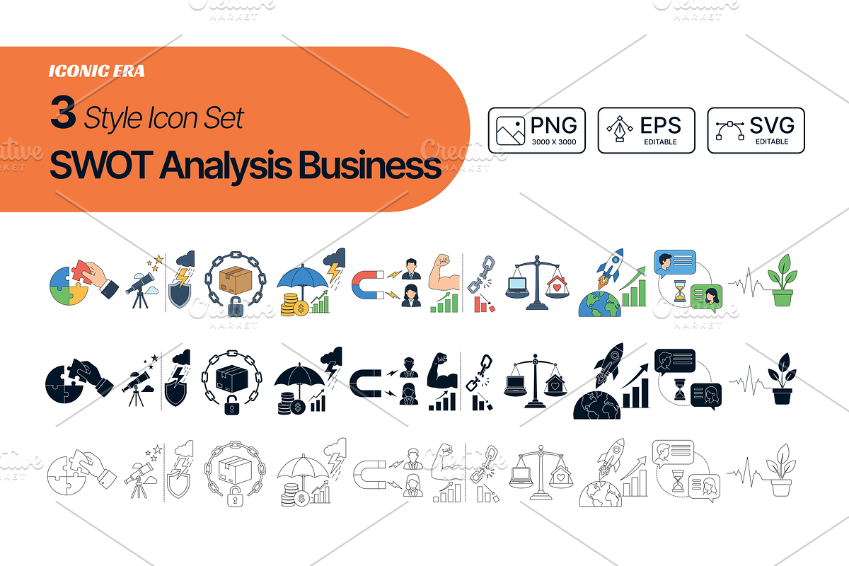 SWOT Analysis Business Icons 3 Style, an Outline Icon by Iconic Era (Photo 1 of 2)