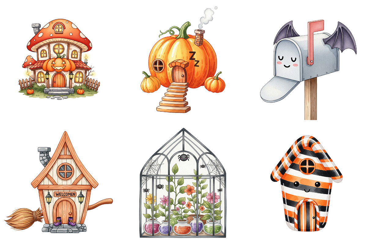 Cute Halloween Cottage Clipart, an Illustration by Watercolor design (Photo 4 of 4)