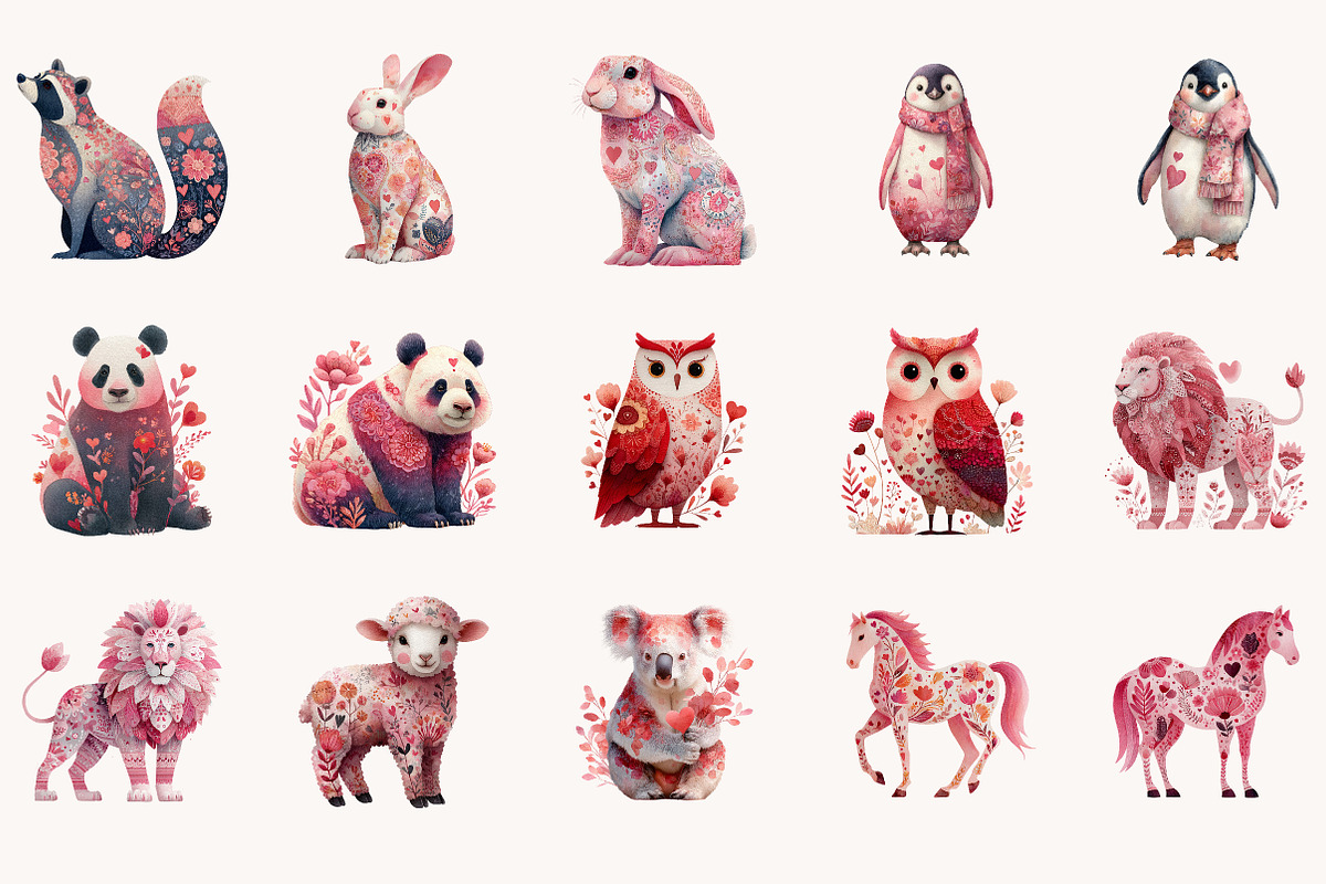 Floral Valentine Animal Clipart, an Illustration by Designworld (Photo 5 of 10)