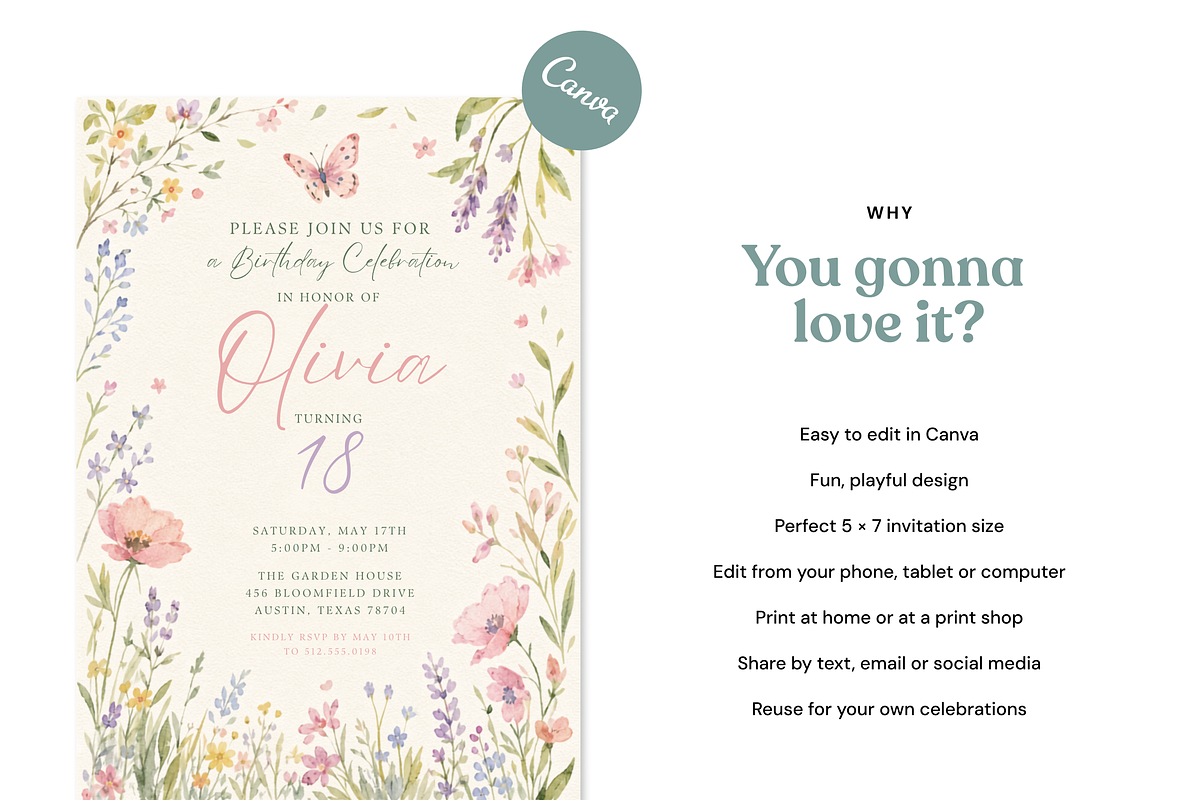 Wildflower Floral Birthday Invite, an Invitation Template by heynomi (Photo 8 of 19)