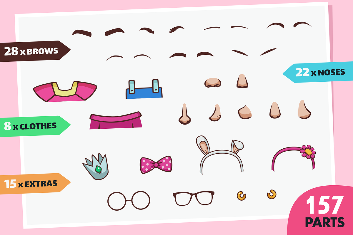 Cartoon Girl Avatar Creation Kit, a Person Illustration by wowu (Photo 6 of 8)