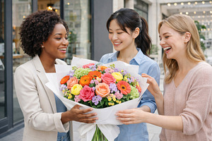 Dopamine Bouquet of mixed flowers held by three women smiling ou, a Photo by Dvoevnore photos