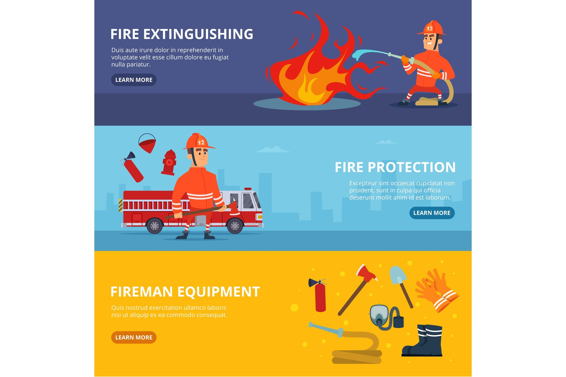 Horizontal banners with illustrations of firefighter in uniform, a ...