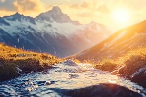 Beautiful landscape with water stream on mountains background, a Background Photo by AlyaAnd