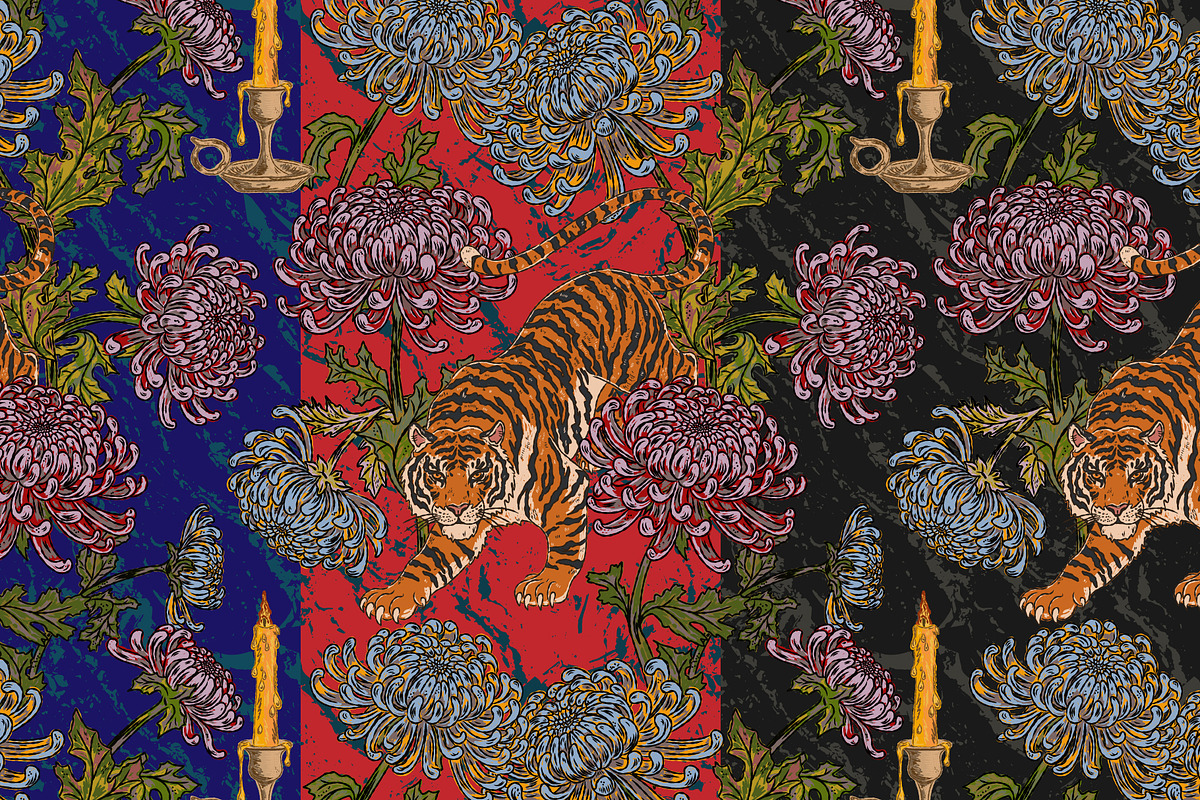 Tiger, candle, chrysanthemums, a Pattern Graphic by NayaChu (Photo 1 of 9)
