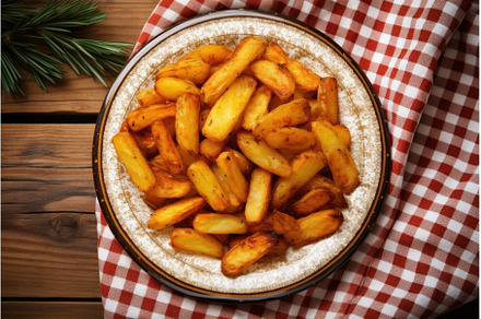 Homemade fried potato on plate, a Food & Drink Photo by Ylivdesign