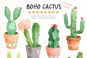 Boho Cactus Watercolor Clip Arts