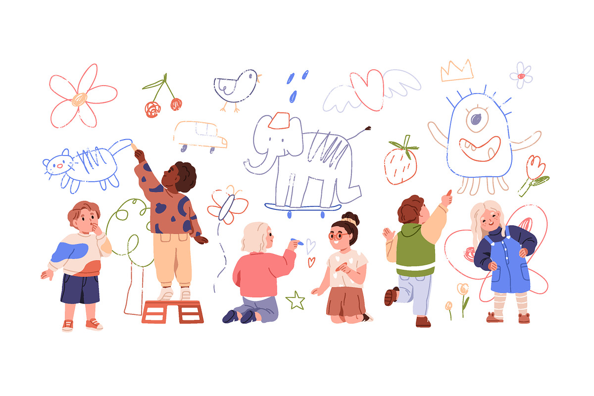 Cute kids drawing scribbles on wall, a Person Illustration by Good Studio (Photo 3 of 4)