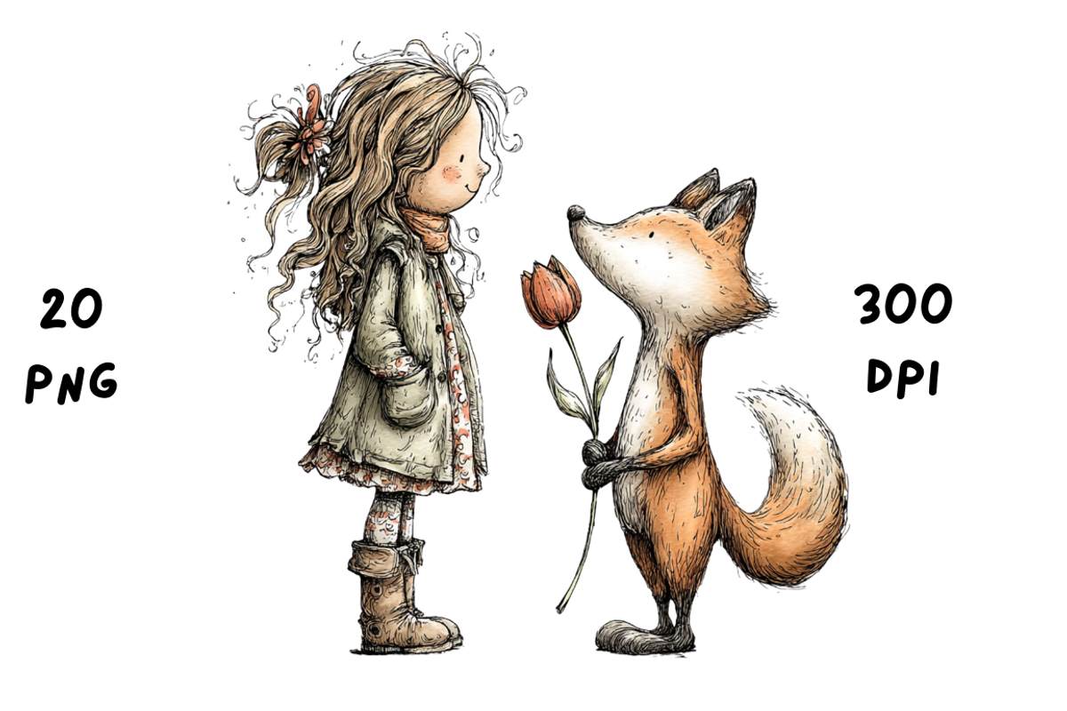 Whimsical Floral Girl & Fox Clipart, an Animal Illustration by GiraffeCreative (Photo 2 of 20)