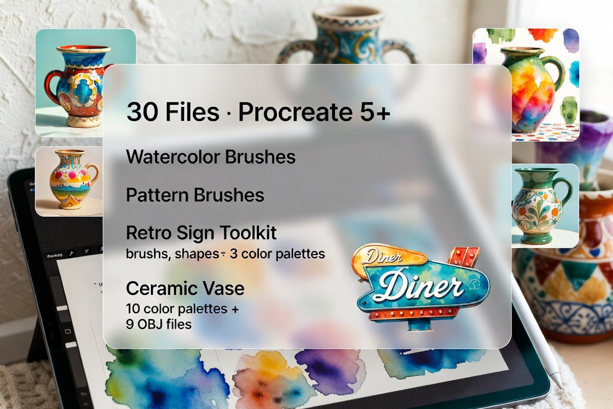 Procreate Watercolor Retro Brush Set, a Brush Add-On by Dreamanart (Photo 1 of 3)