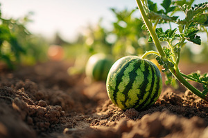 Whole green watermelon growing in a farm field under a bright sky, a Food & Drink Photo by AlyaAnd