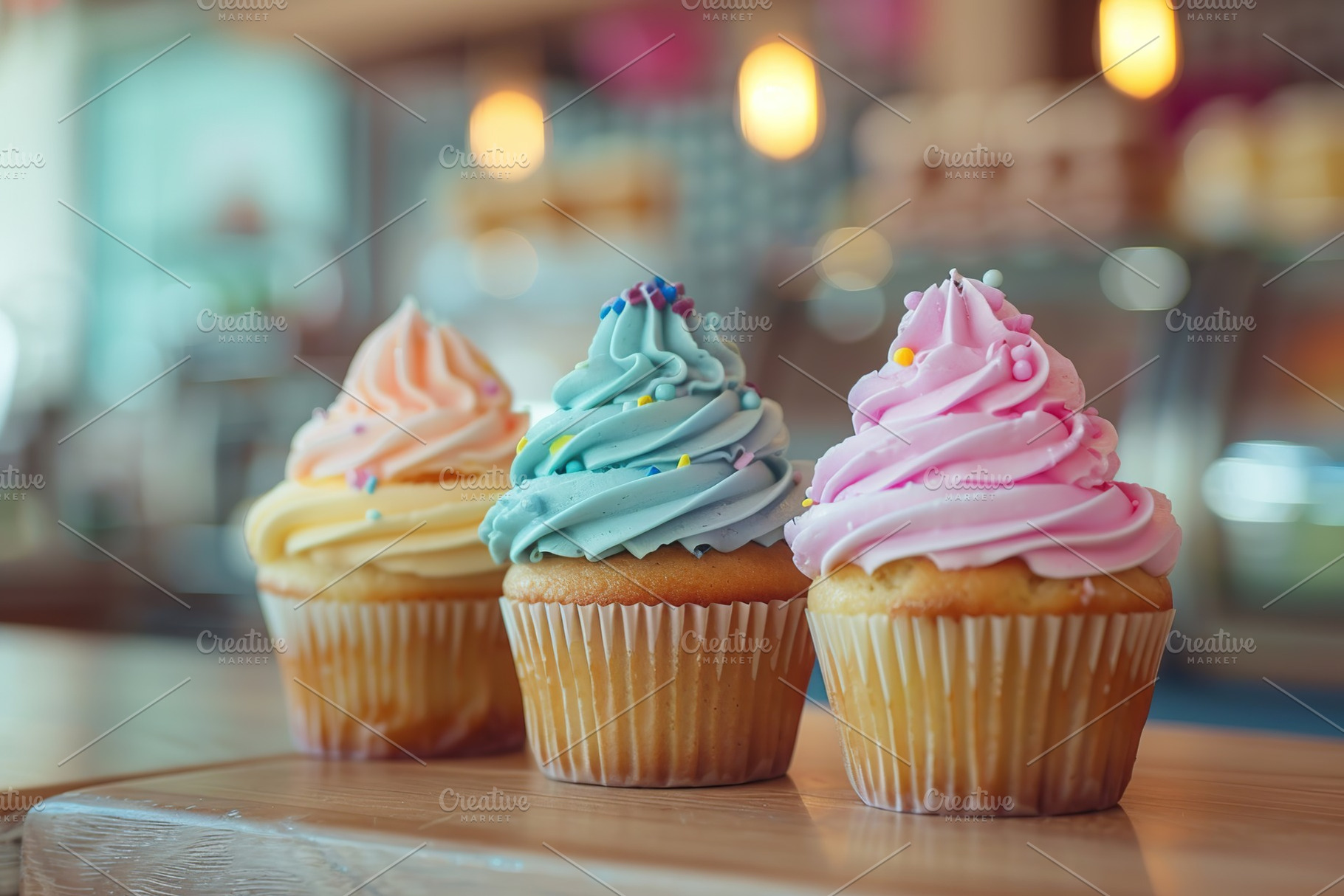 Tasty cupcakes with butter cream and sprinkles on table on blurred kitchen back, a Food & Drink Photo by AlyaAnd