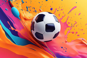 Colorful soccer ball splashing throu, a Photo by Tanuart