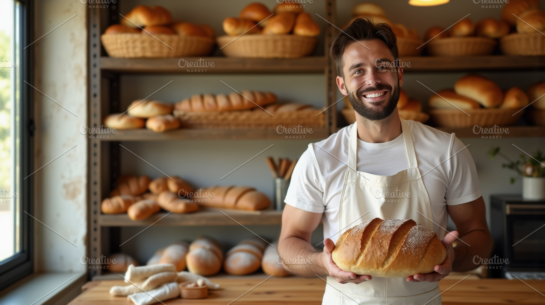Smiling man baker holding a loaf of, a Food & Drink Photo by angellodeco