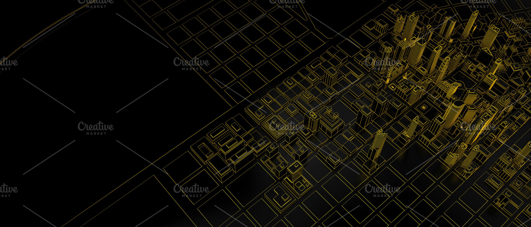 black low poly city with orange outl, an Architecture Photo by digibox