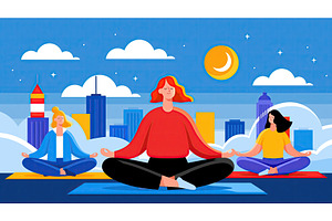 women meditate outdoors with city