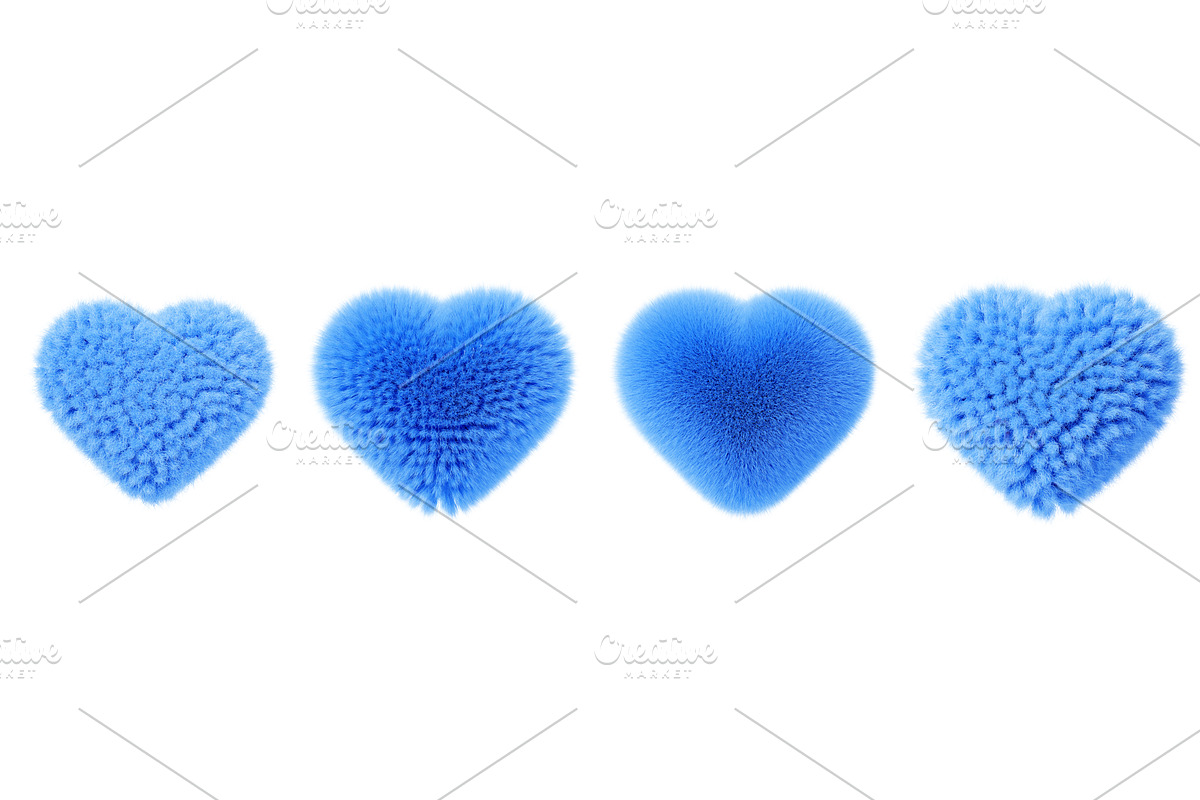 3d blue fur fluffy hearts set, an Object Illustration by Marozhkastudio