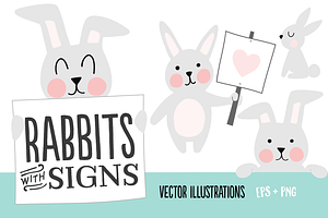 Rabbits with Signs Illustration Set