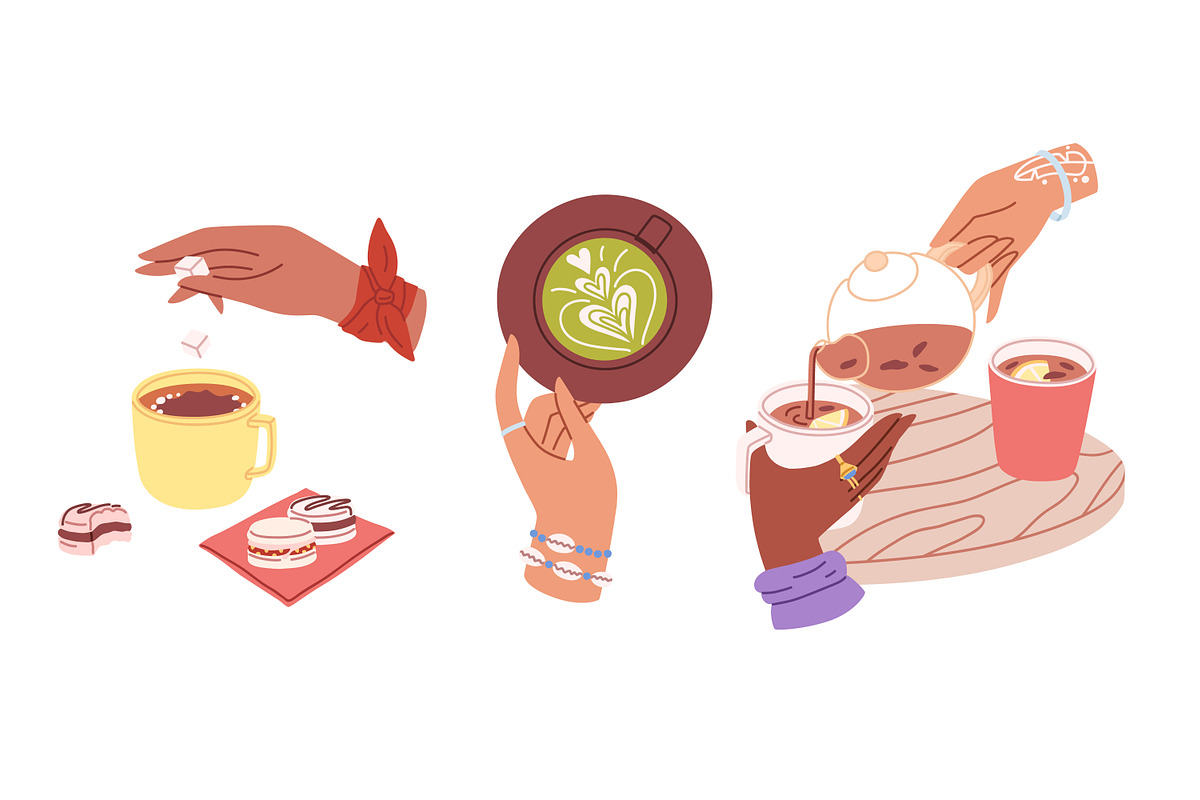 Hands holding cups of tea and coffee, a Food Illustration by Good Studio (Photo 3 of 6)