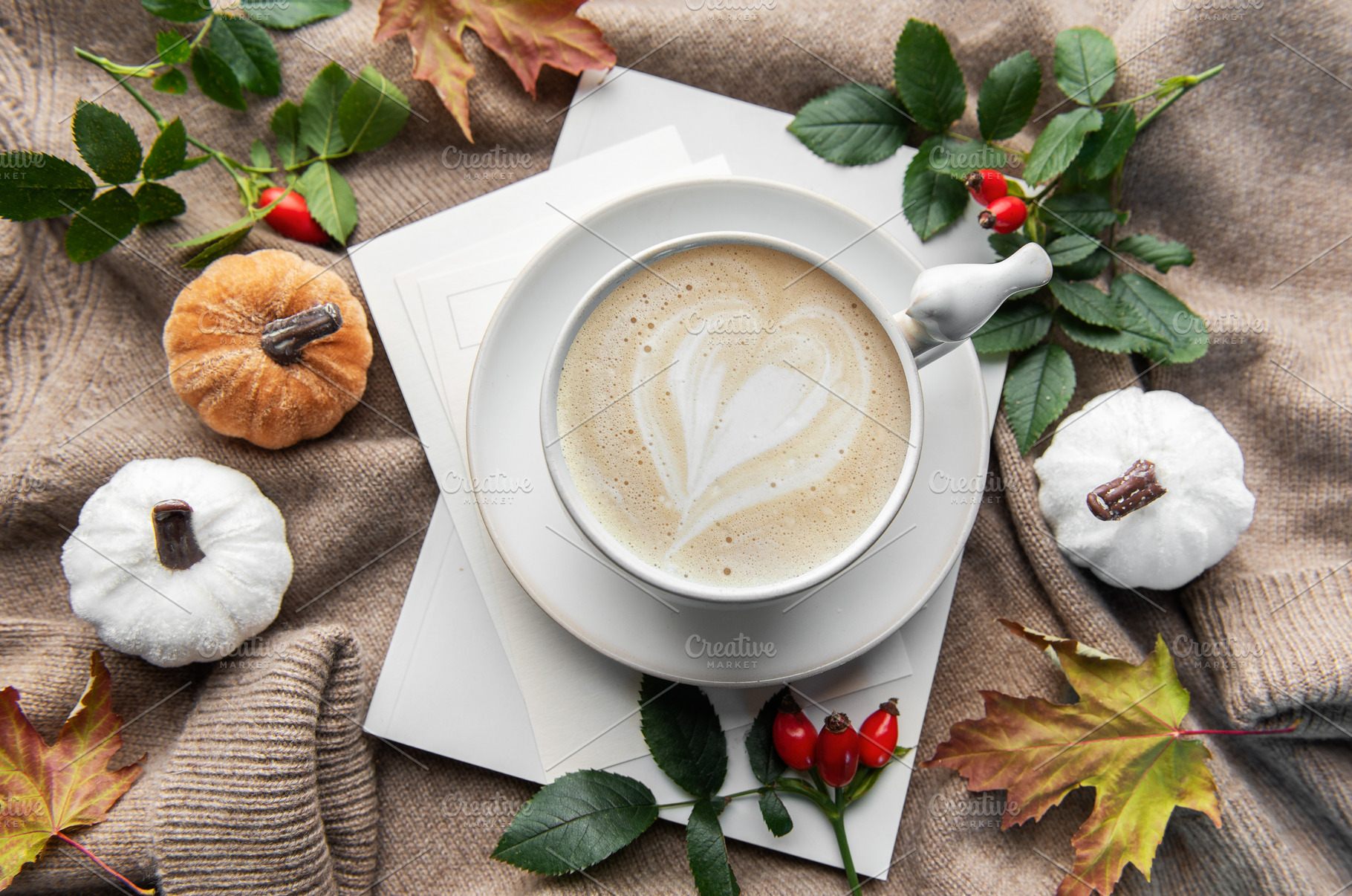 Warm autumn coffee with latte art and pumpkins, a Holiday Photo by Olena Rudo