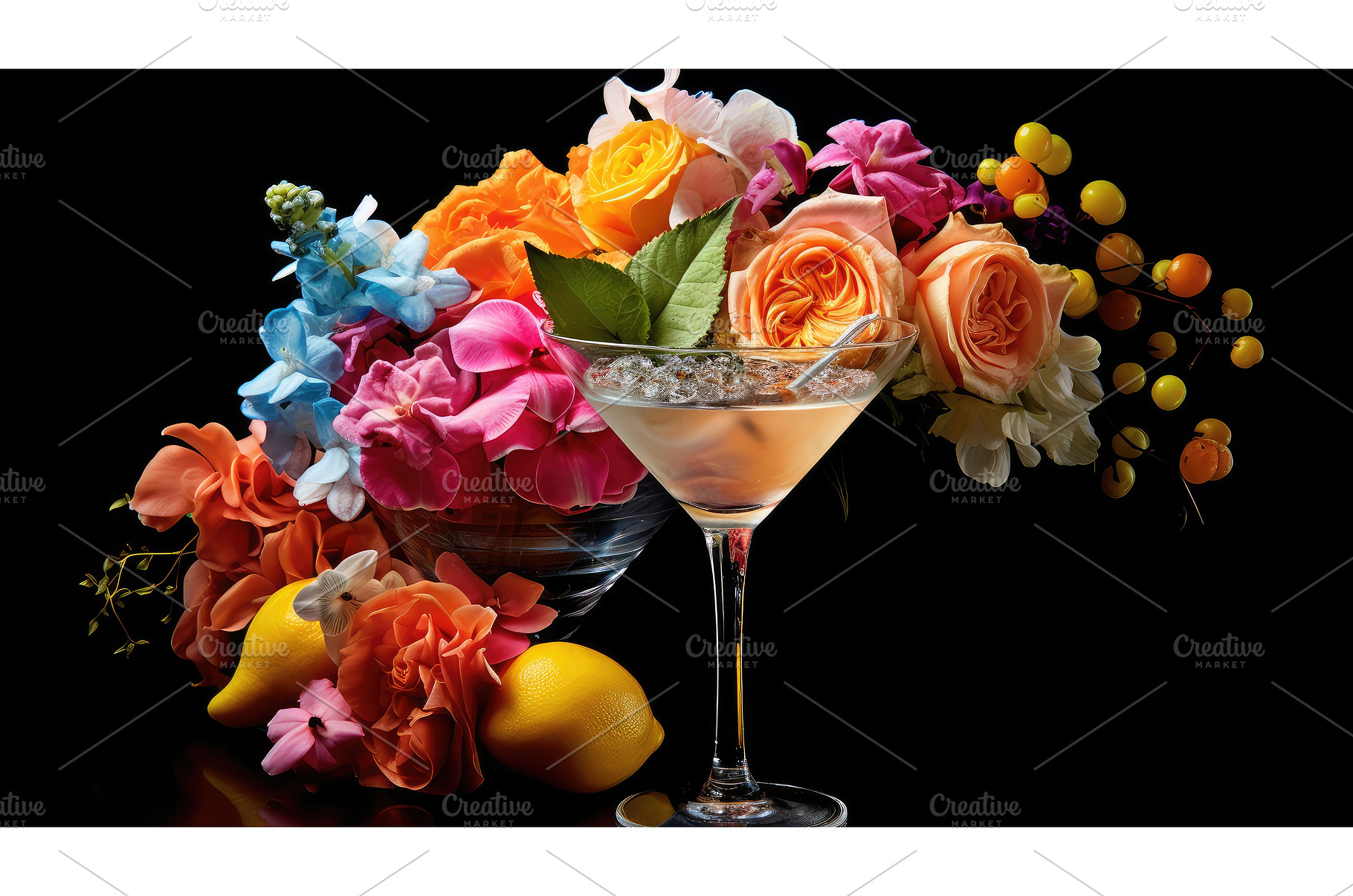 mixology cocktail flowers ai, a Food & Drink Photo by pikepicture