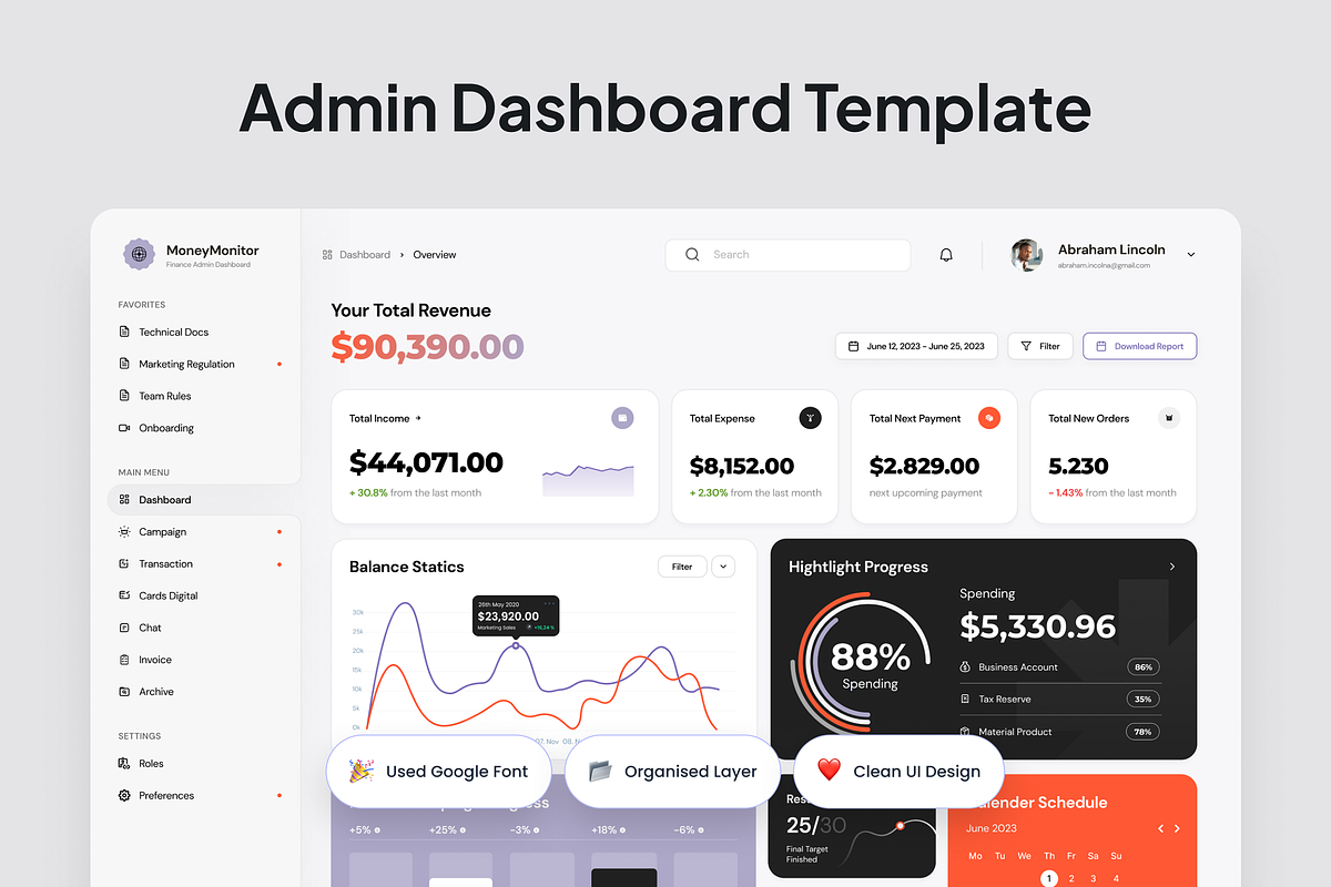 MoneyMonitor Finance Admin Dashboard, a Websites & App Template by SquidPixey (Photo 2 of 5)