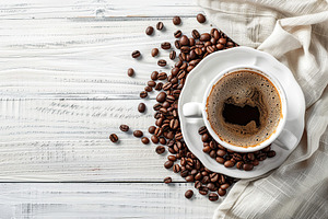 Flat lay of cup of coffee and coffee beans on white wooden table, a Food & Drink Photo by AlyaAnd