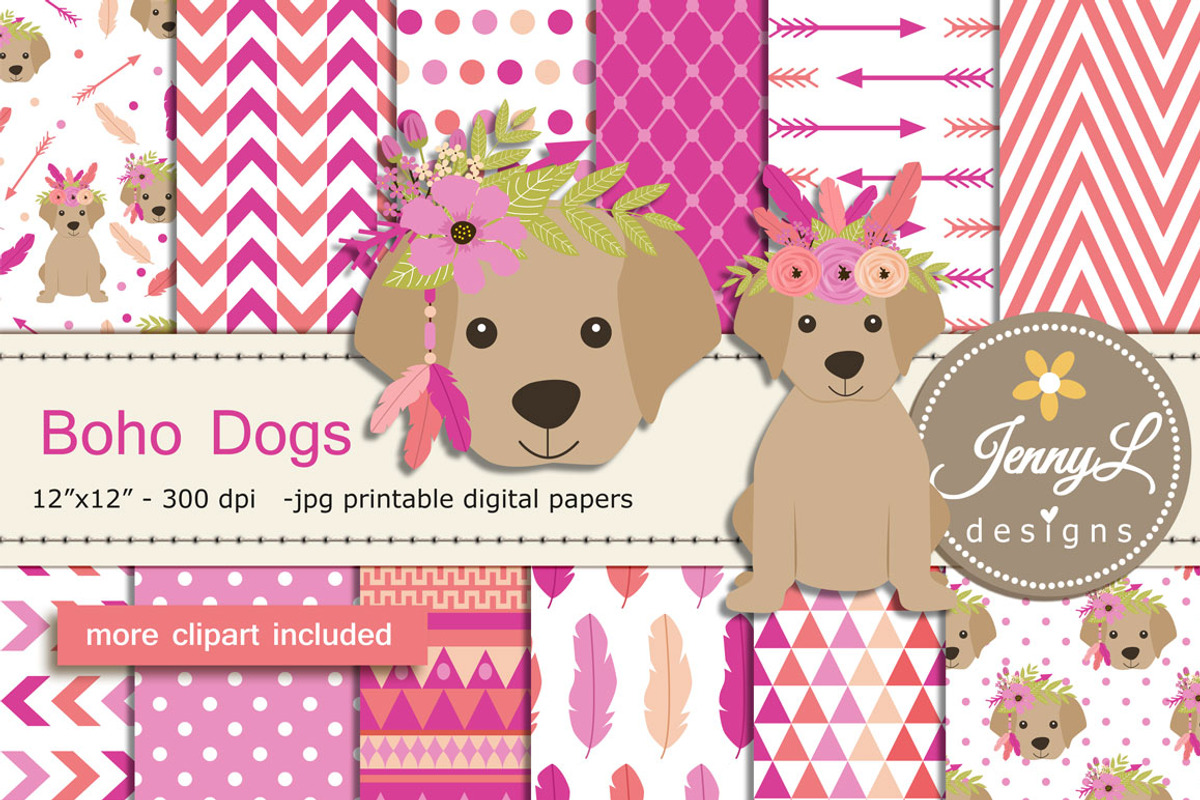 Boho Dogs Digital papers & Clipart, an Animal Illustration by JennyL Designs (Photo 1 of 6)