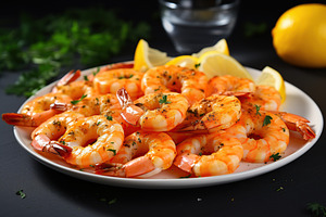 Fresh shrimps in plate on black wooden table, a Food & Drink Photo by AlyaAnd