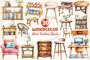 Watercolor Home Furniture Clipart, an Illustration by Dream Creation